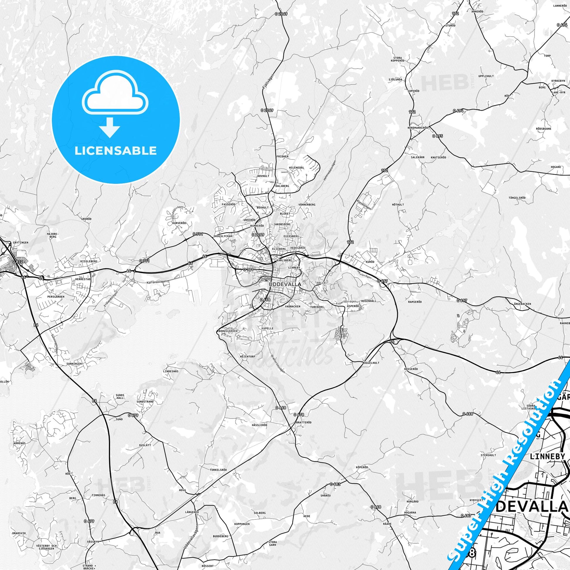 Uddevalla, Sweden light map with streetnames, citynames and districts