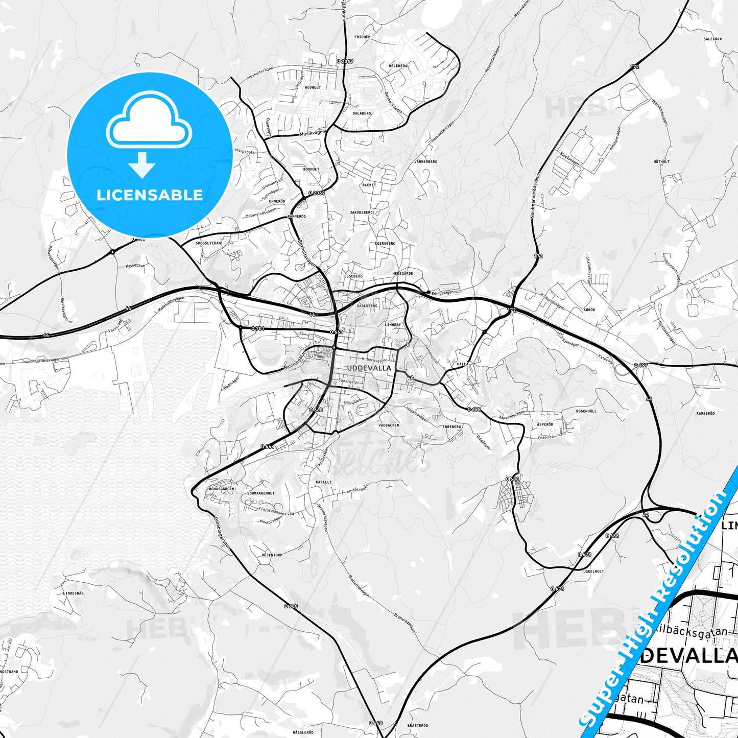 Uddevalla, Sweden Light Map with Street Names, City Names, and Districts