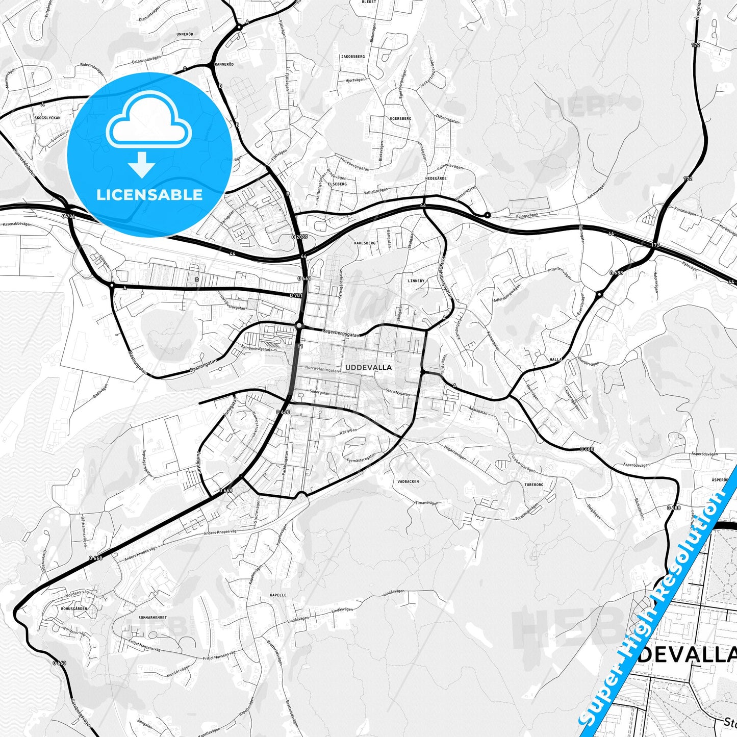 Uddevalla, Sweden Light Map with Street Names, City Names, and Districts
