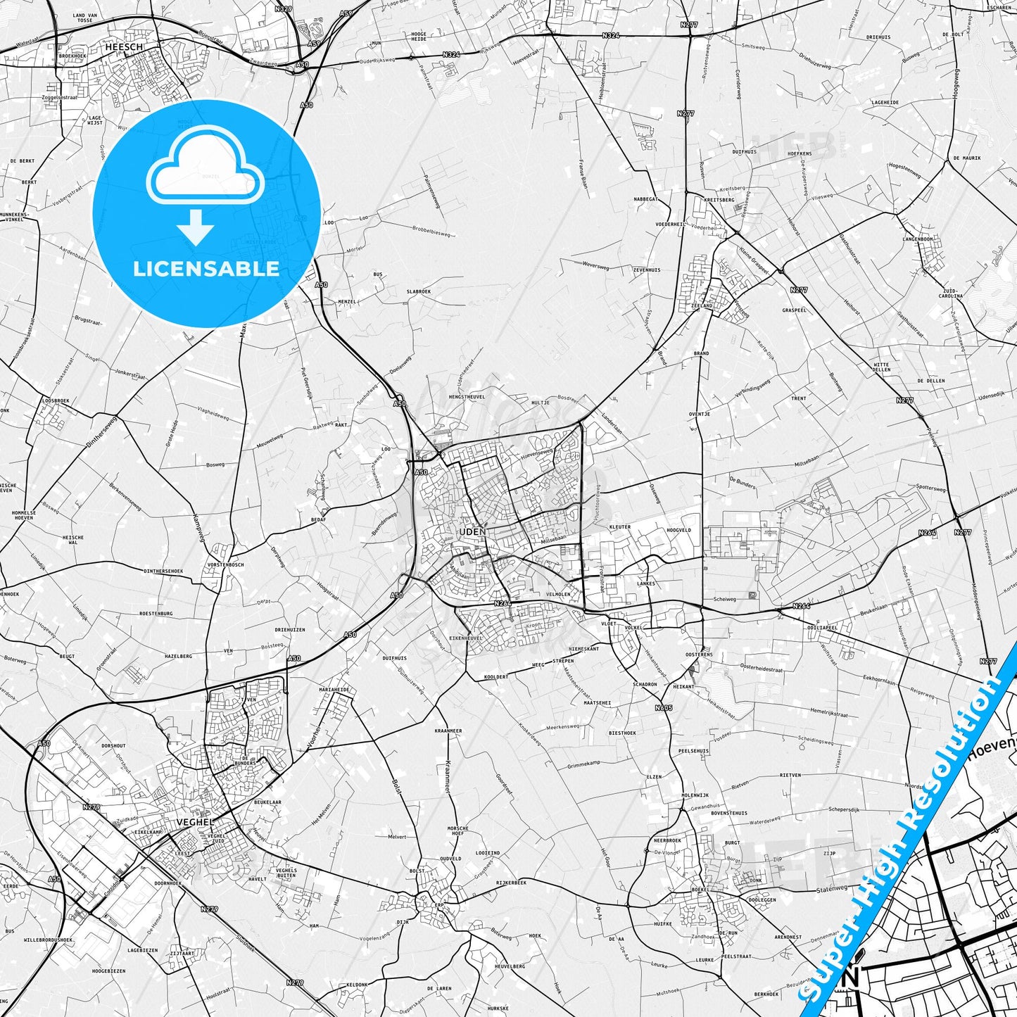 Uden, Netherlands light map with streetnames, citynames and districts