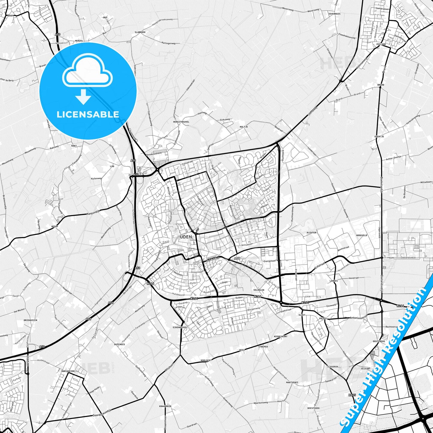 Uden, Netherlands Light Map with Street Names, City Names, and Districts
