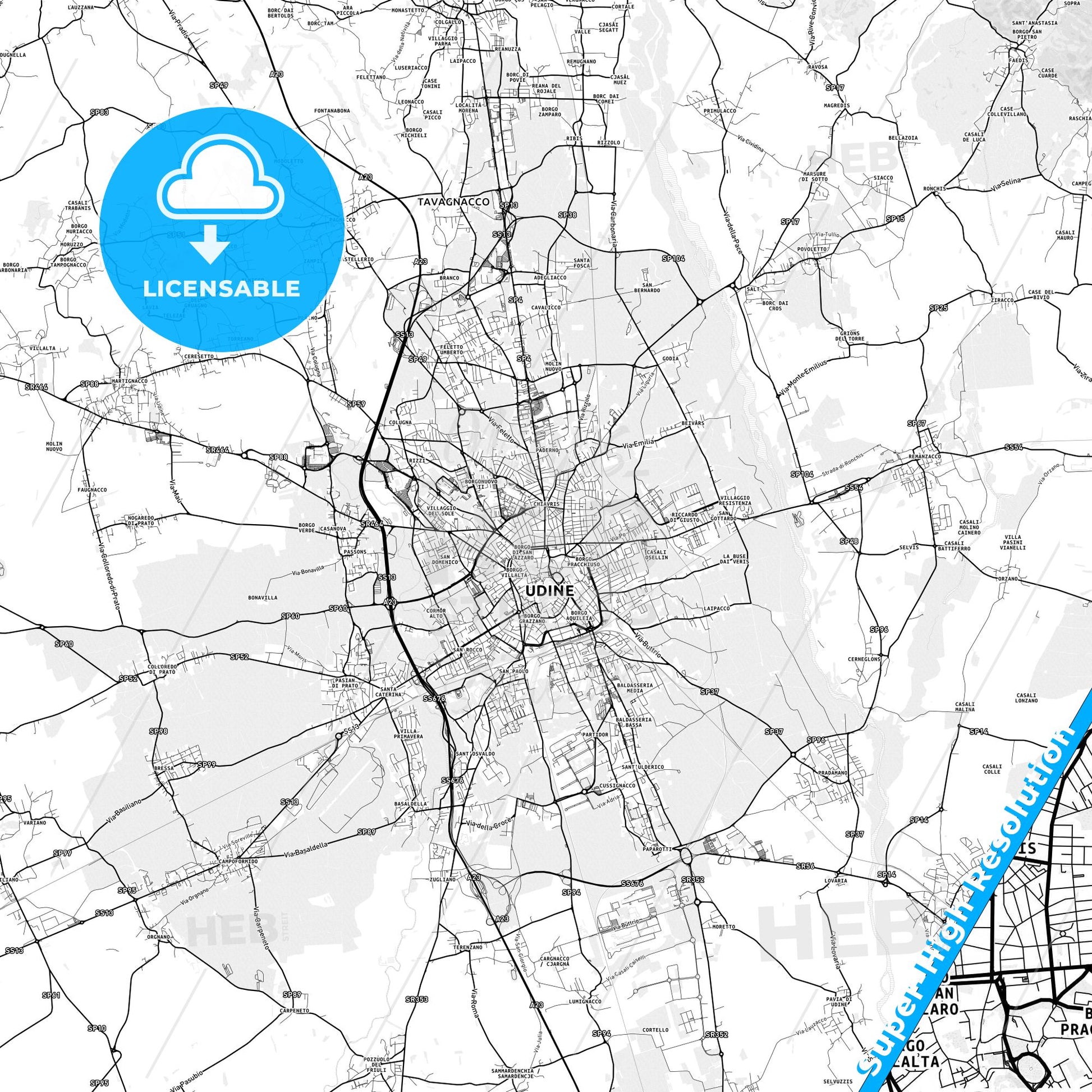 Udine, Italy light map with streetnames, citynames and districts