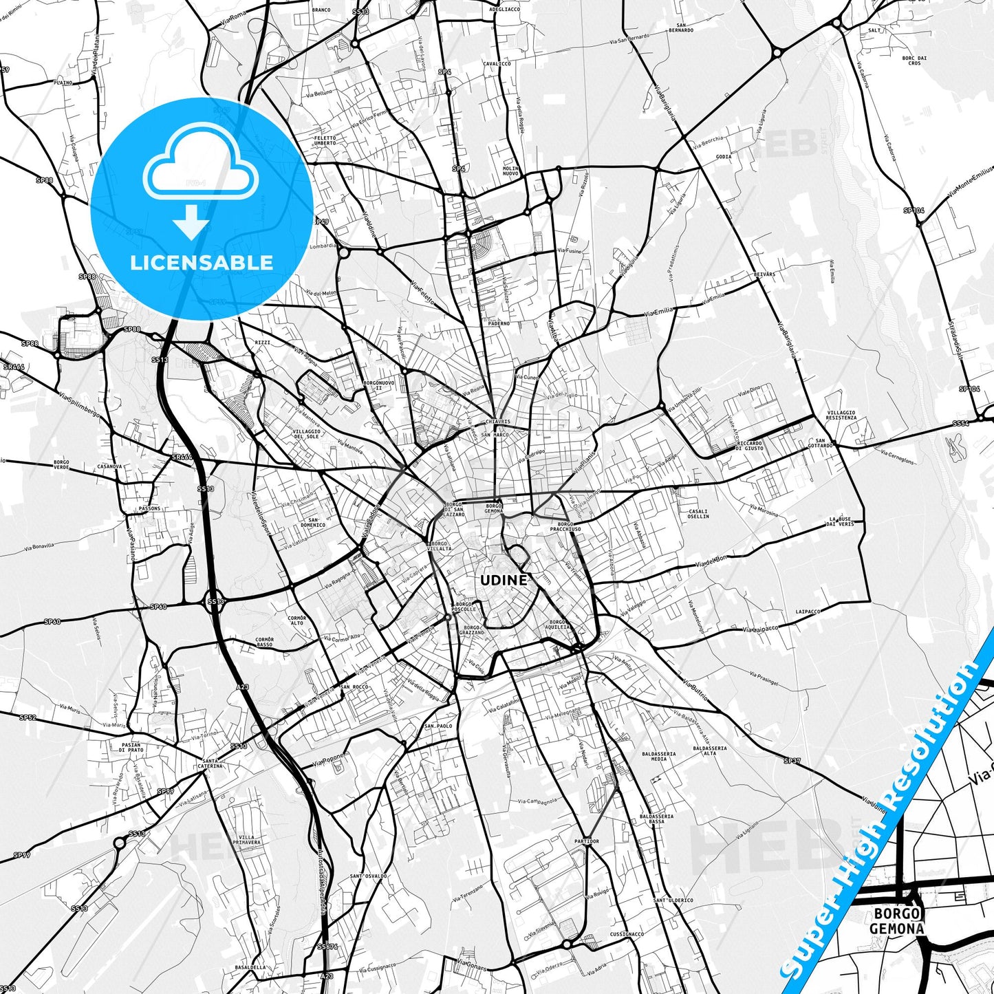 Udine, Italy Light Map with Street Names, City Names, and Districts