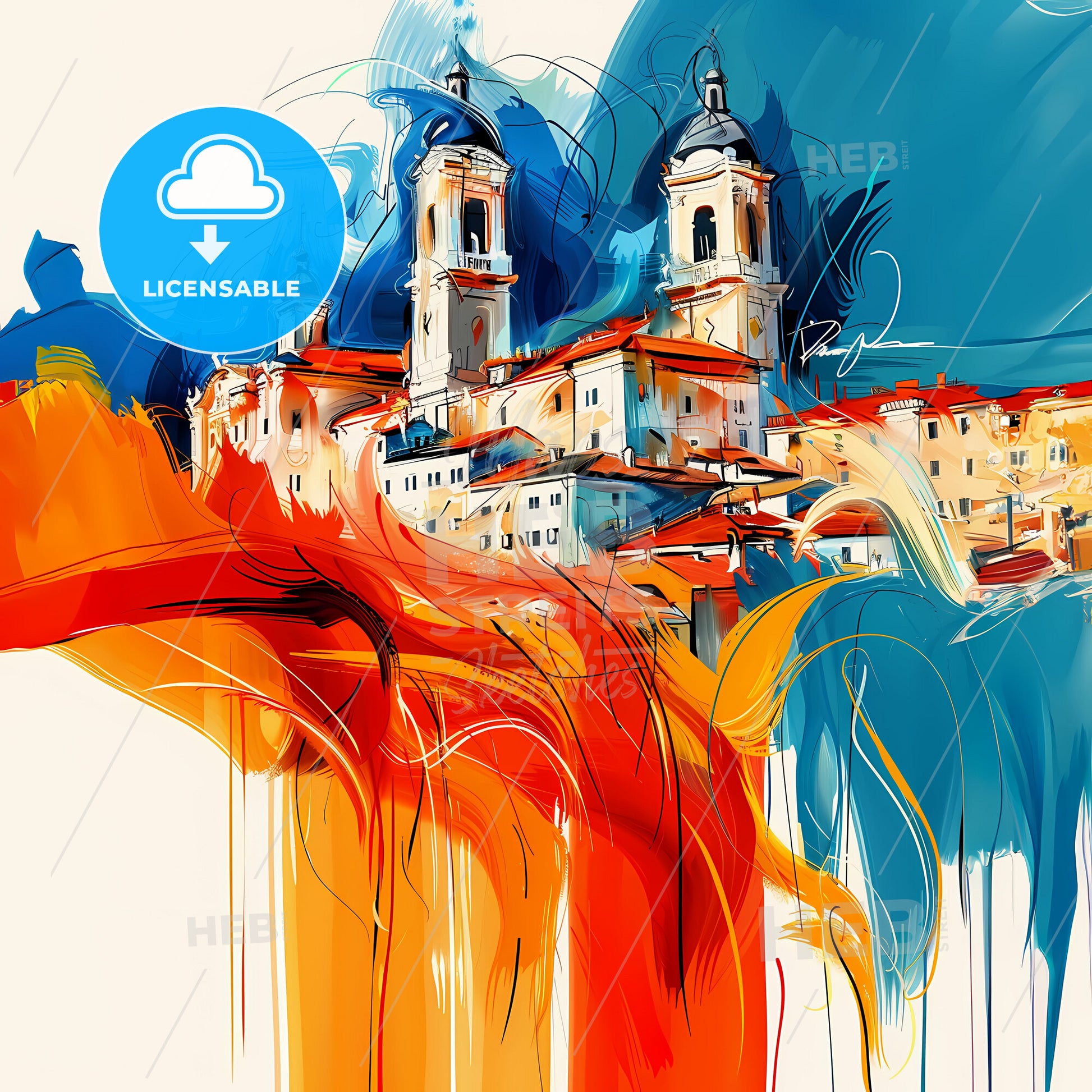 Vibrant Udine, Italy - A Painting Of A Building With Towers And A Blue And Orange Background