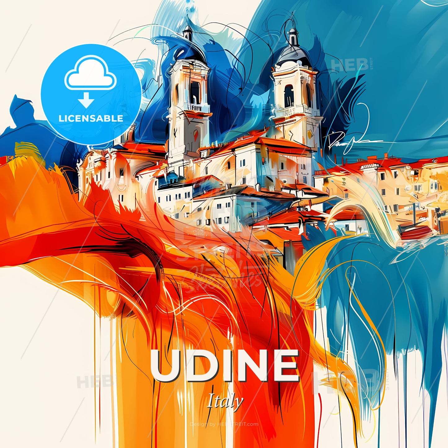 Vibrant Udine, Italy - A Painting Of A Building With Towers And A Blue And Orange Background - Square format print template