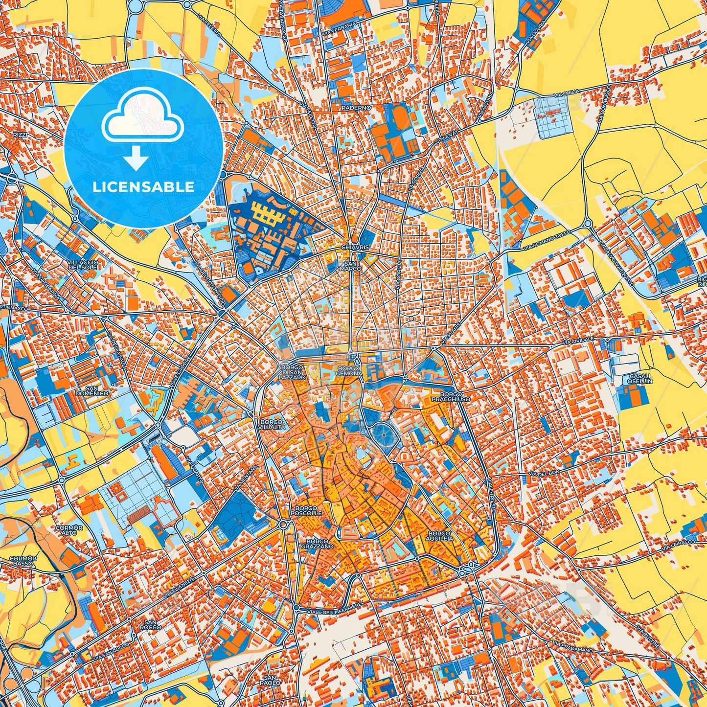Colorful Udine Street Map with Labels and Buildings