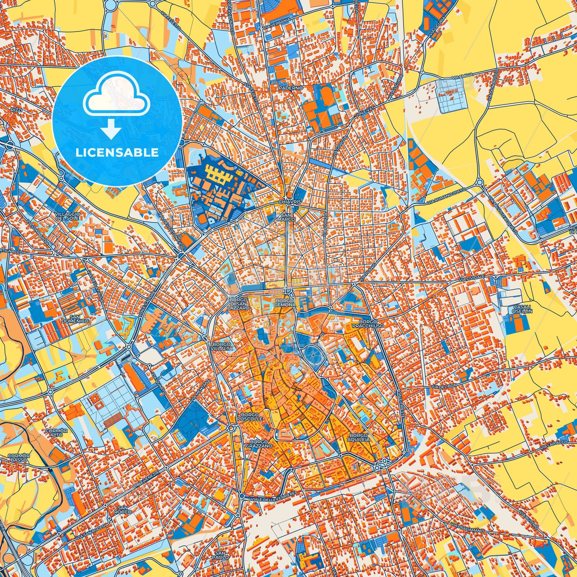 Colorful Udine Street Map with Labels and Buildings