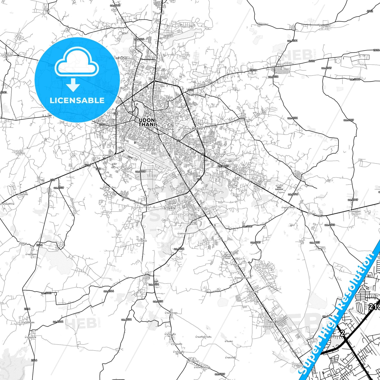 Udon Thani, Thailand light map with streetnames, citynames and districts