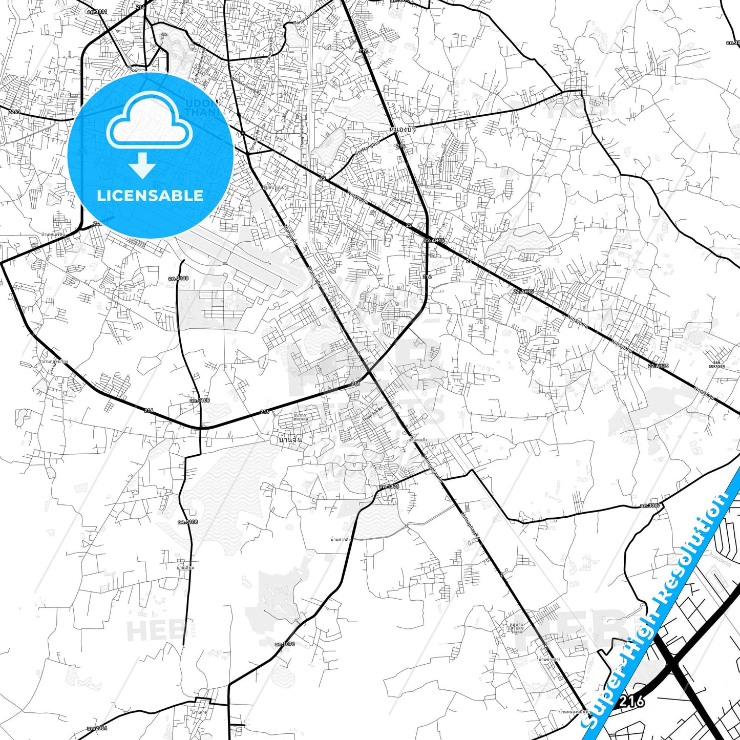 Udon Thani, Thailand Light Map with Street Names, City Names, and Districts