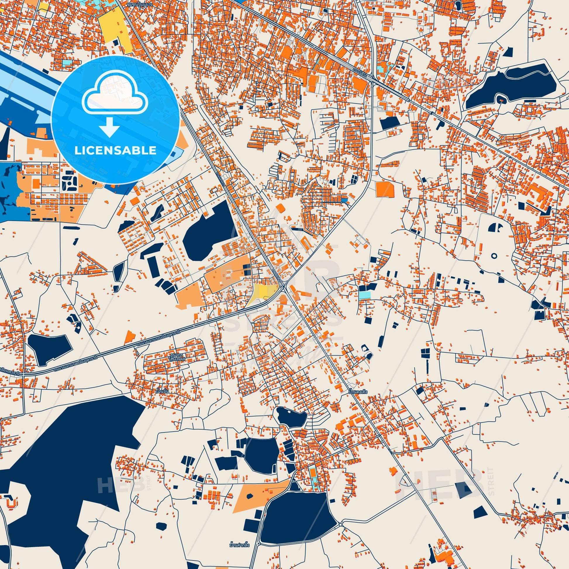 Colorful Udon Thani Street Map with Labels and Buildings