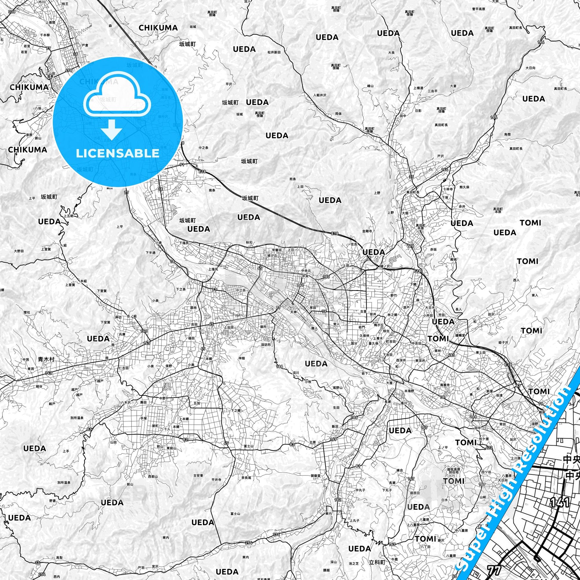 Ueda, Japan light map with streetnames, citynames and districts