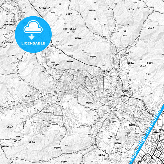 Ueda, Japan light map with streetnames, citynames and districts
