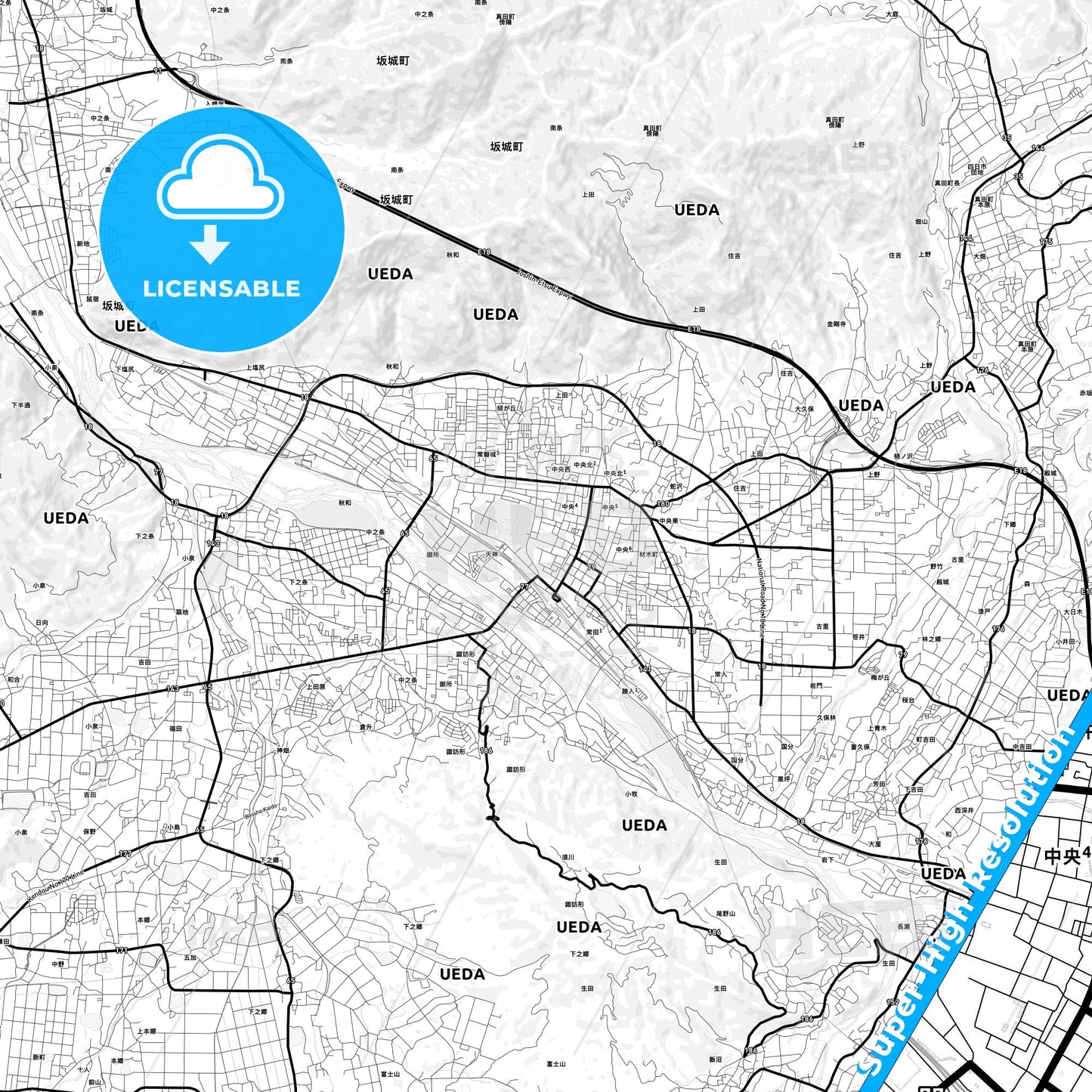 Ueda, Japan Light Map with Street Names, City Names, and Districts