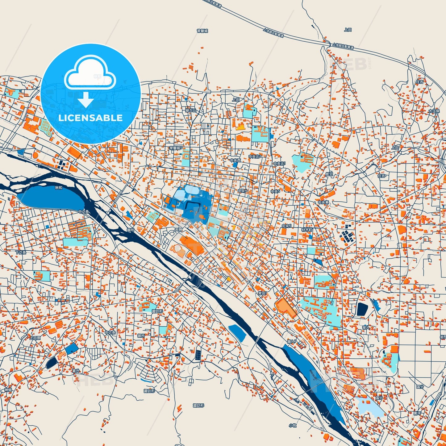 Colorful Ueda Street Map with Labels and Buildings