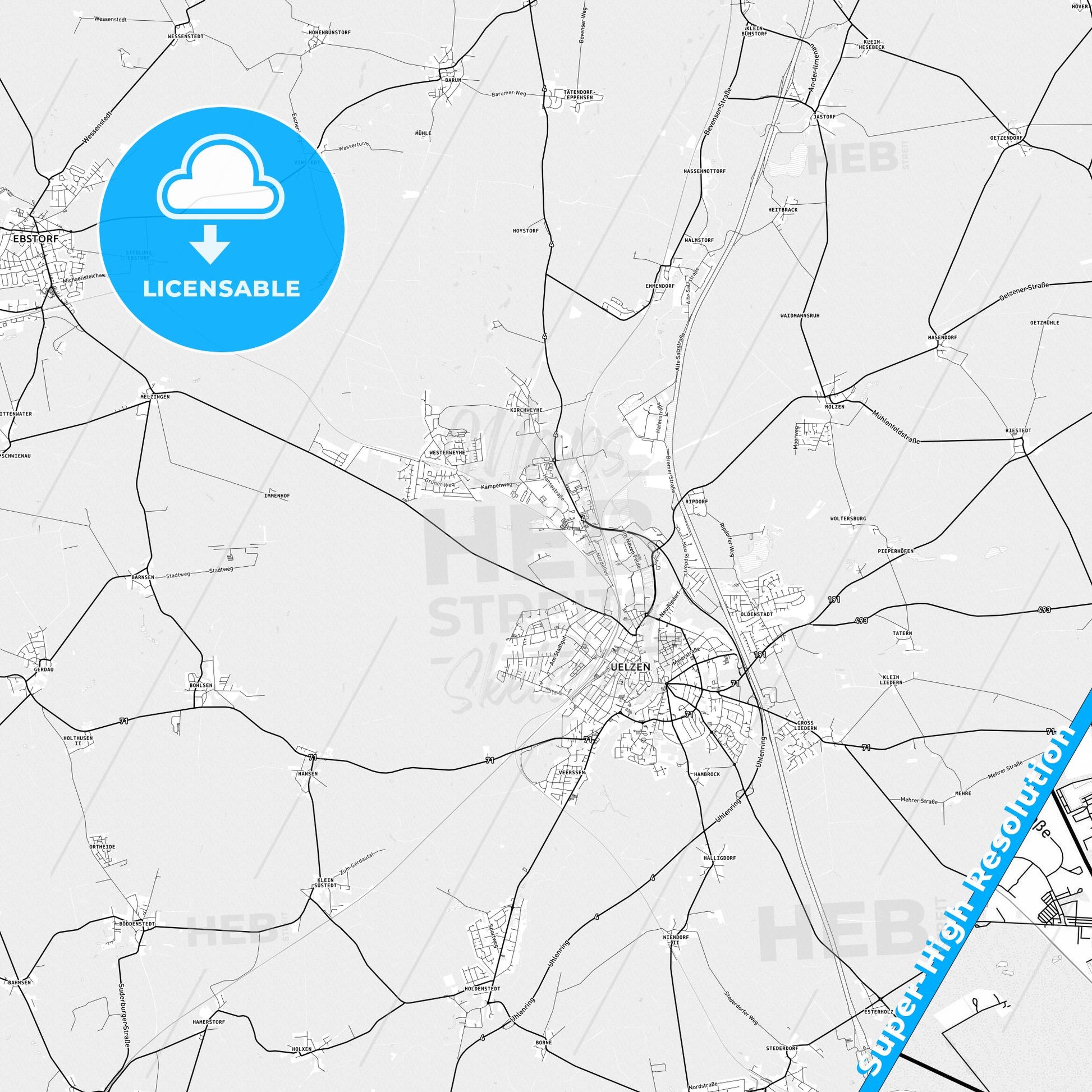Uelzen, Germany light map with streetnames, citynames and districts