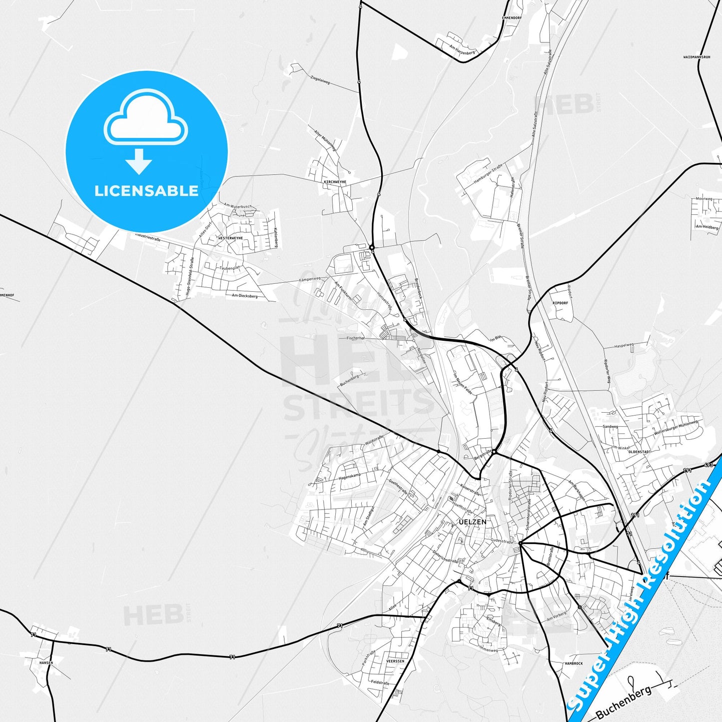 Uelzen, Germany Light Map with Street Names, City Names, and Districts