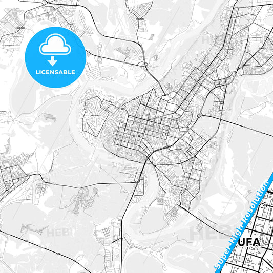 Ufa, Russia light map with streetnames, citynames and districts