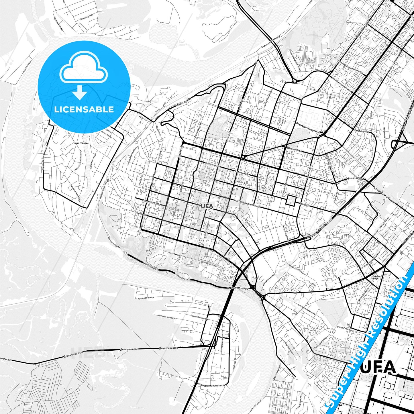 Ufa, Russia Light Map with Street Names, City Names, and Districts