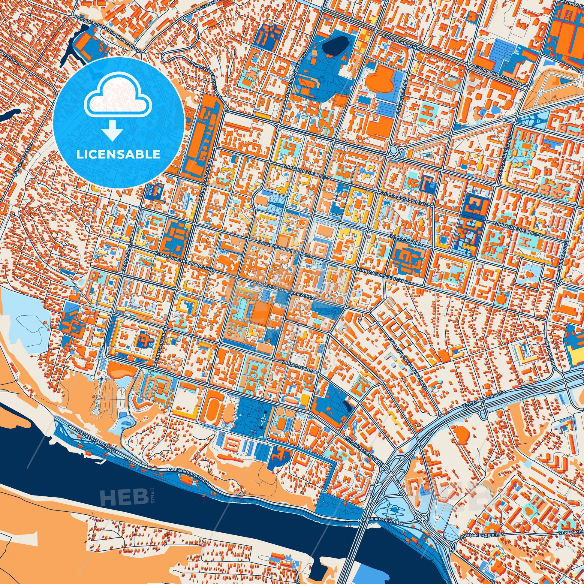 Colorful Ufa Street Map with Labels and Buildings