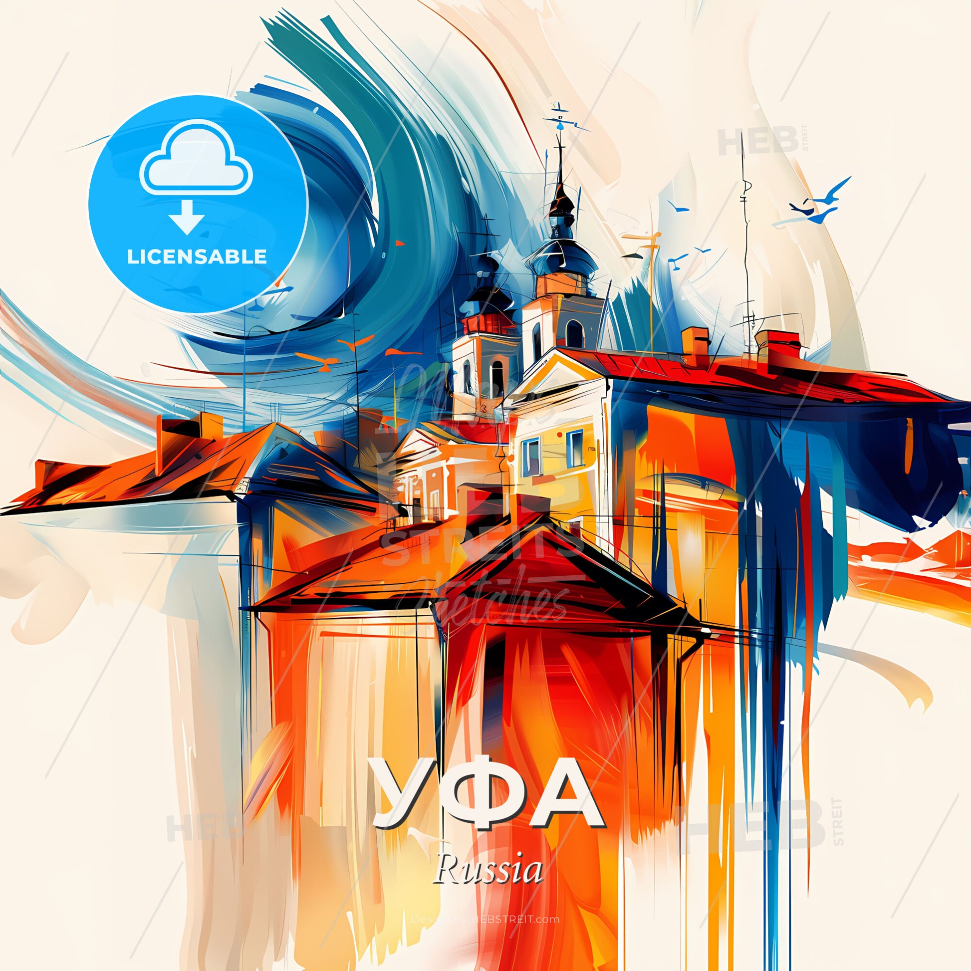 Vibrant Уфа, Russia - A Painting Of Buildings With A Colorful Swirl - Square format print template