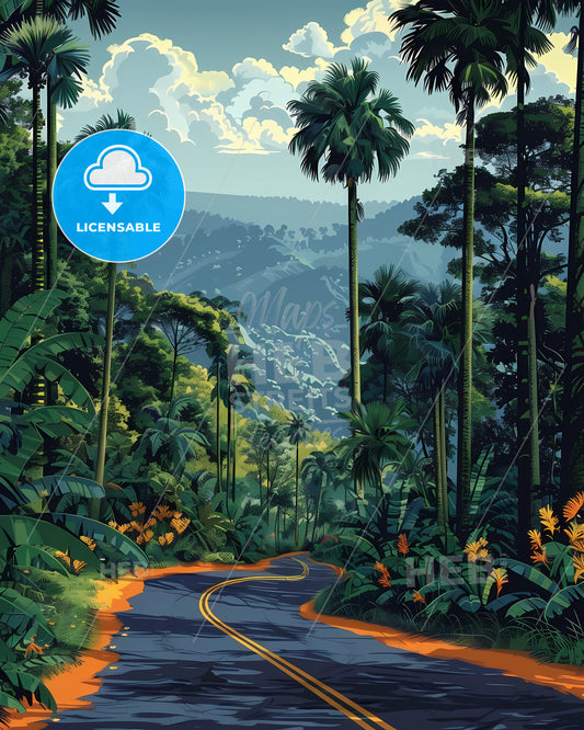 Vibrant Jungle Roadway Painting: Tropical African Rainforest Art