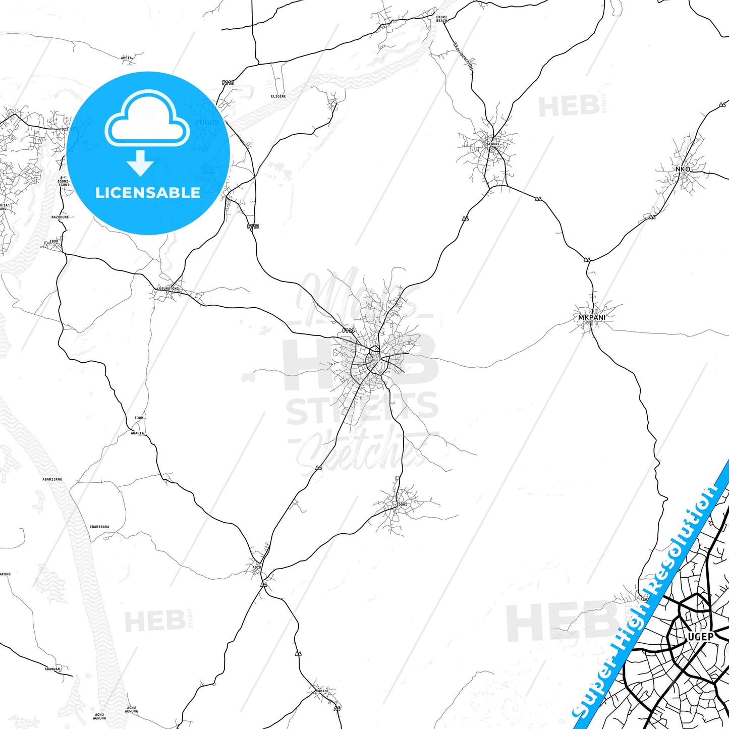 Ugep, Nigeria light map with streetnames, citynames and districts