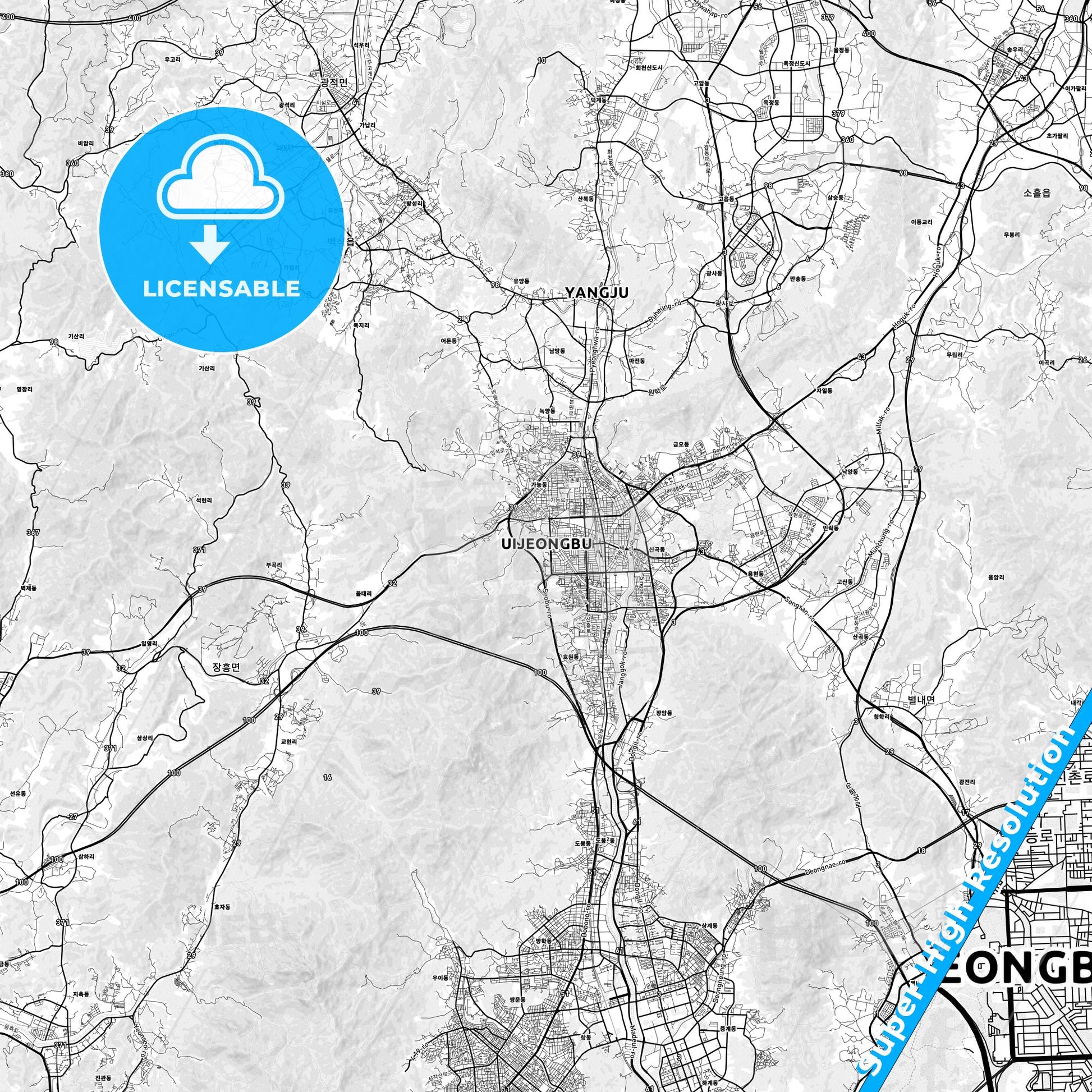 Uijeongbu, South Korea light map with streetnames, citynames and districts