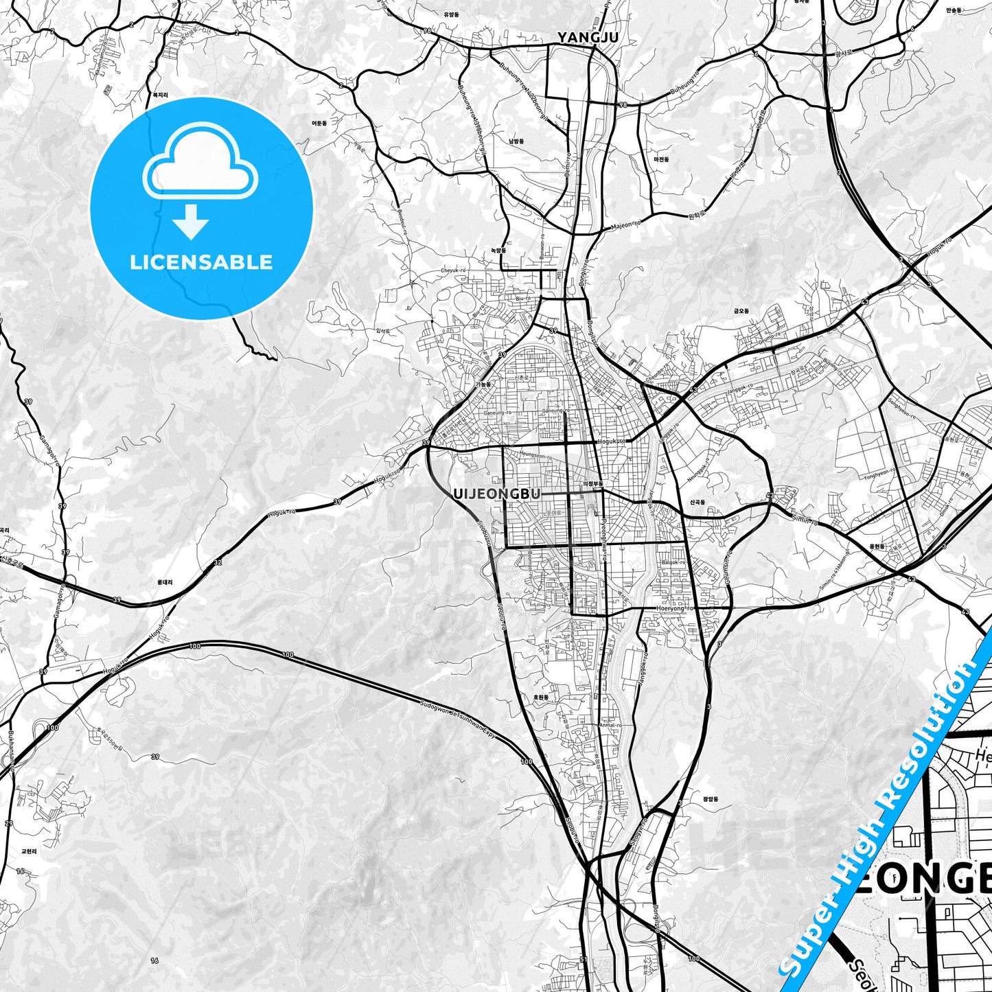 Uijeongbu, South Korea Light Map with Street Names, City Names, and Districts