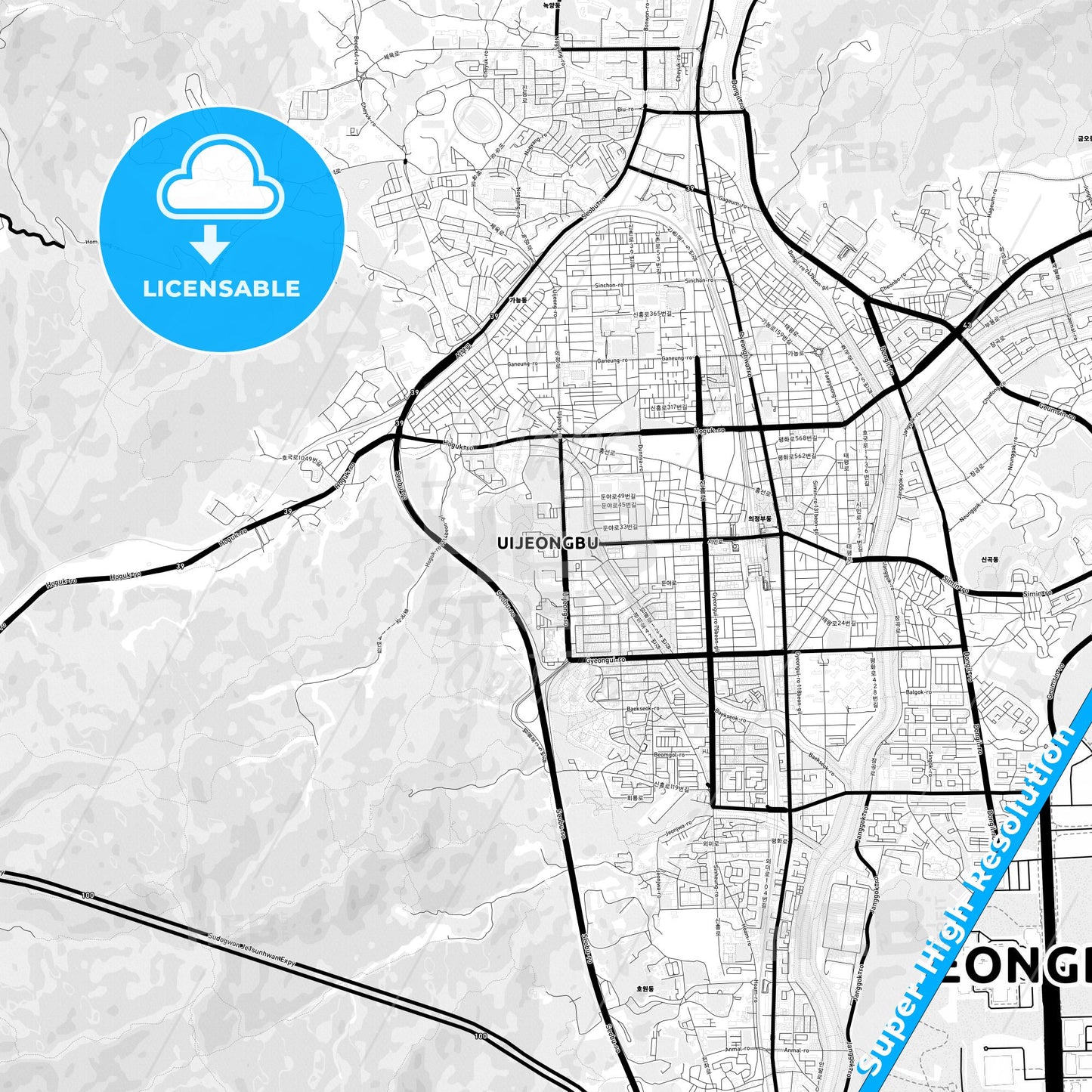 Uijeongbu, South Korea Light Map with Street Names, City Names, and Districts