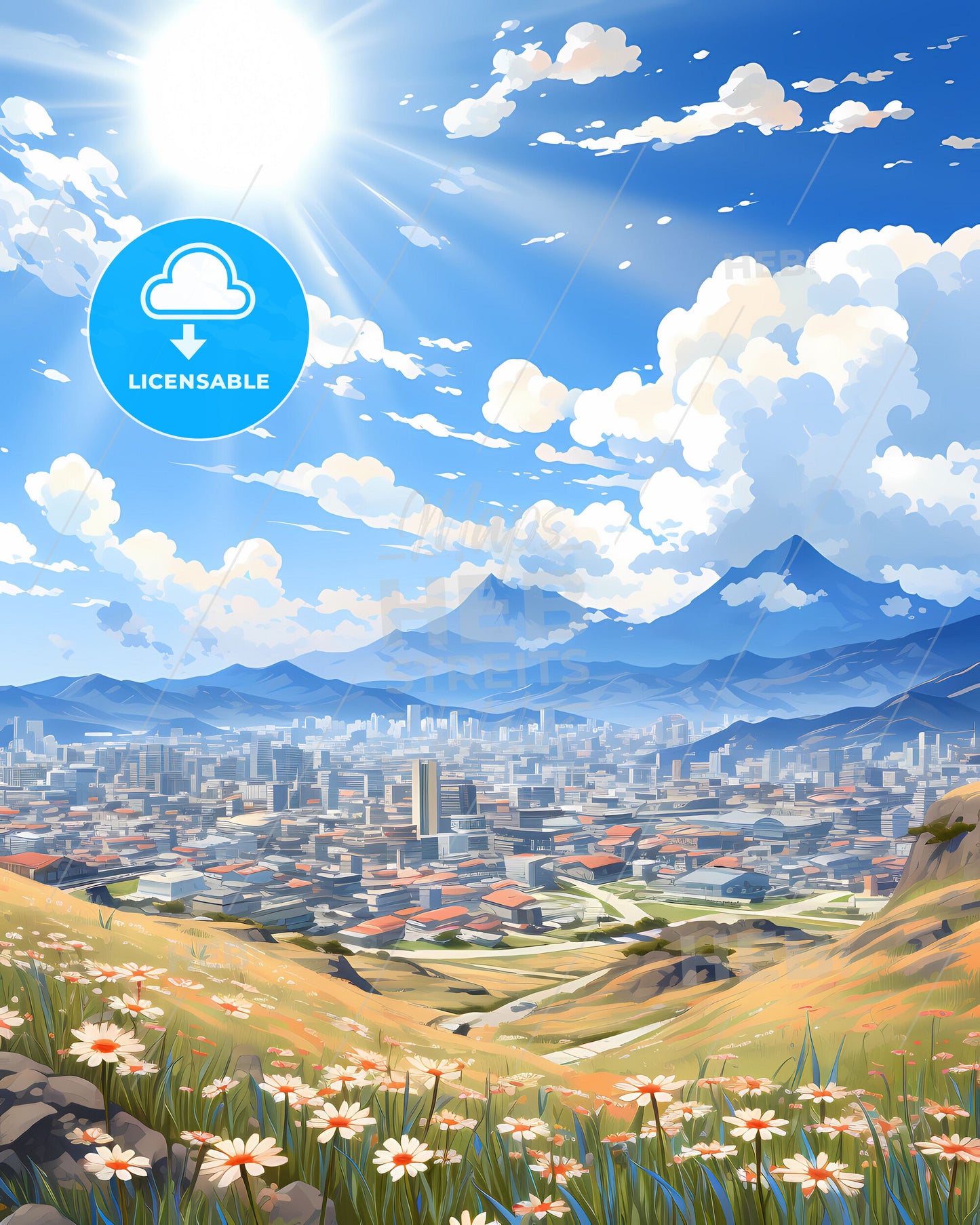 City Skyline Landscape Painting with Mountains - Vibrant and Artistic Uijeongbu South Korea