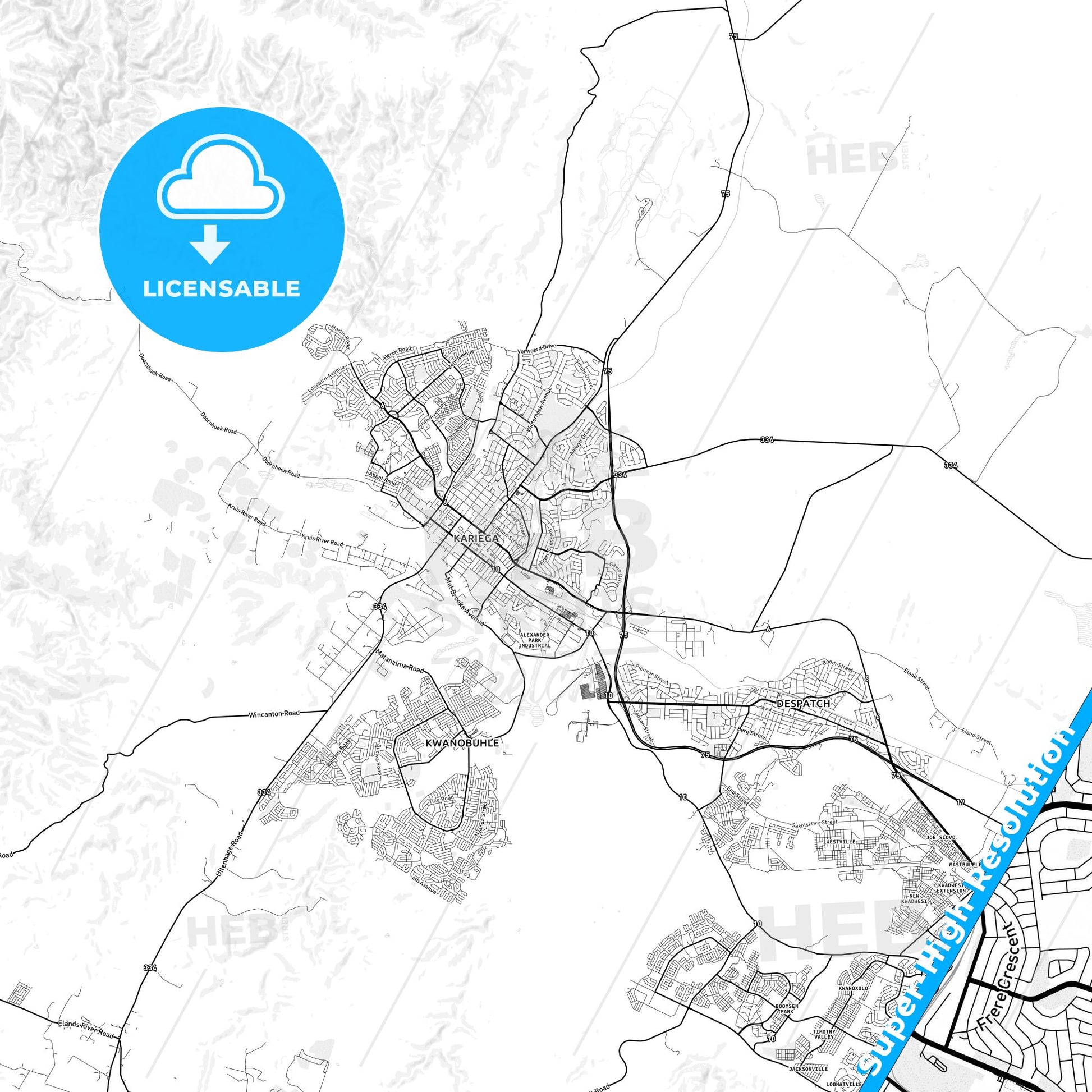 Uitenhage, South Africa light map with streetnames, citynames and districts