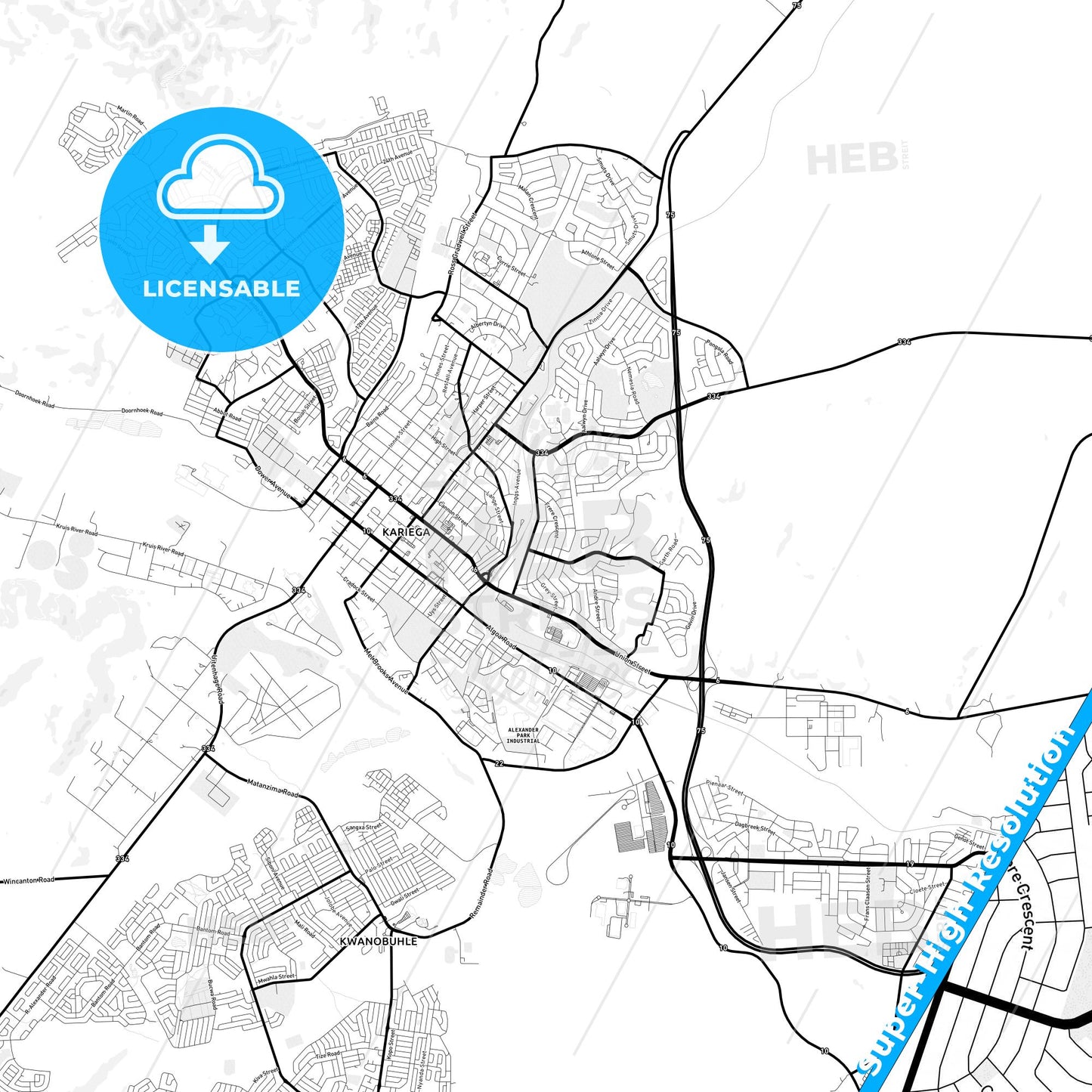 Uitenhage, South Africa Light Map with Street Names, City Names, and Districts