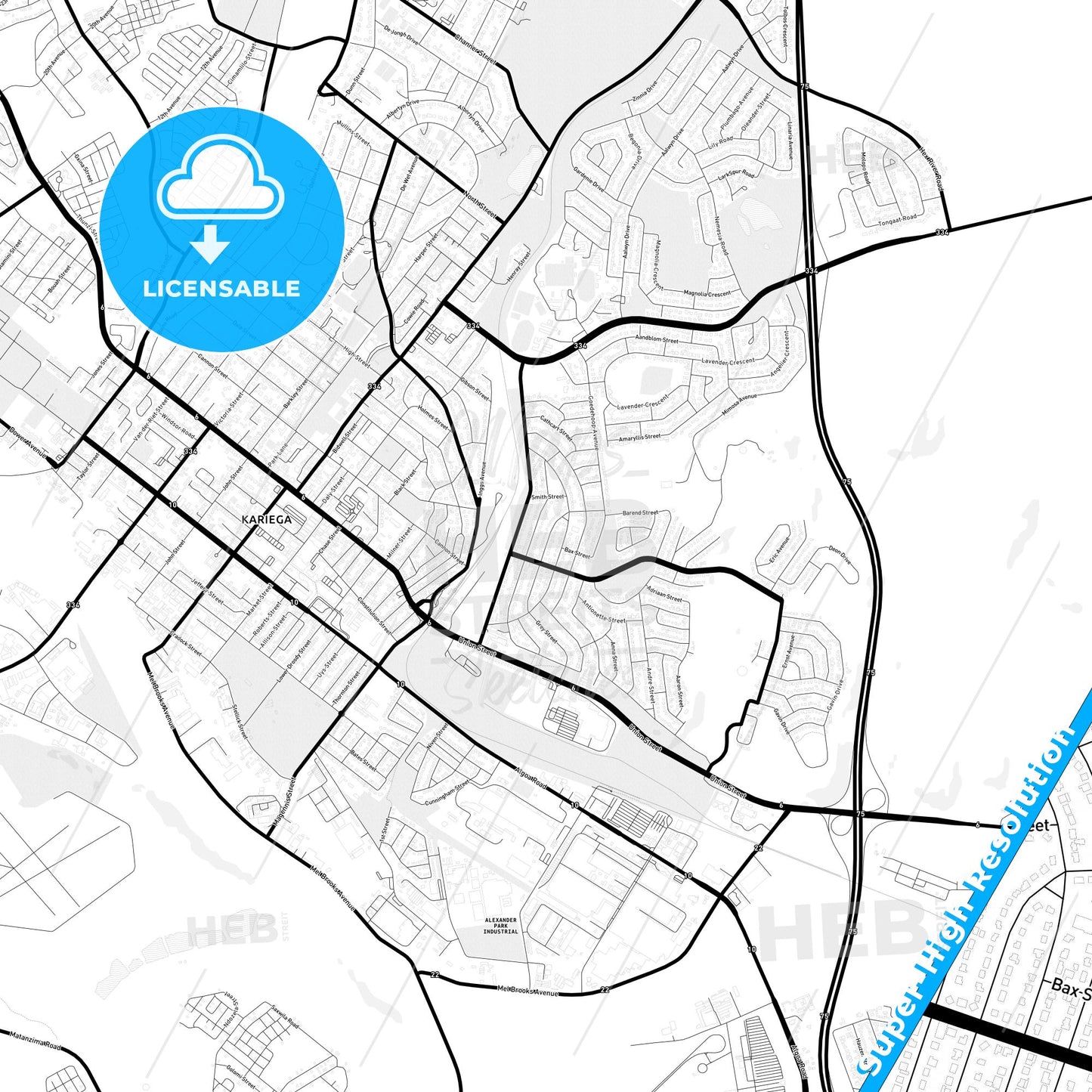 Uitenhage, South Africa Light Map with Street Names, City Names, and Districts