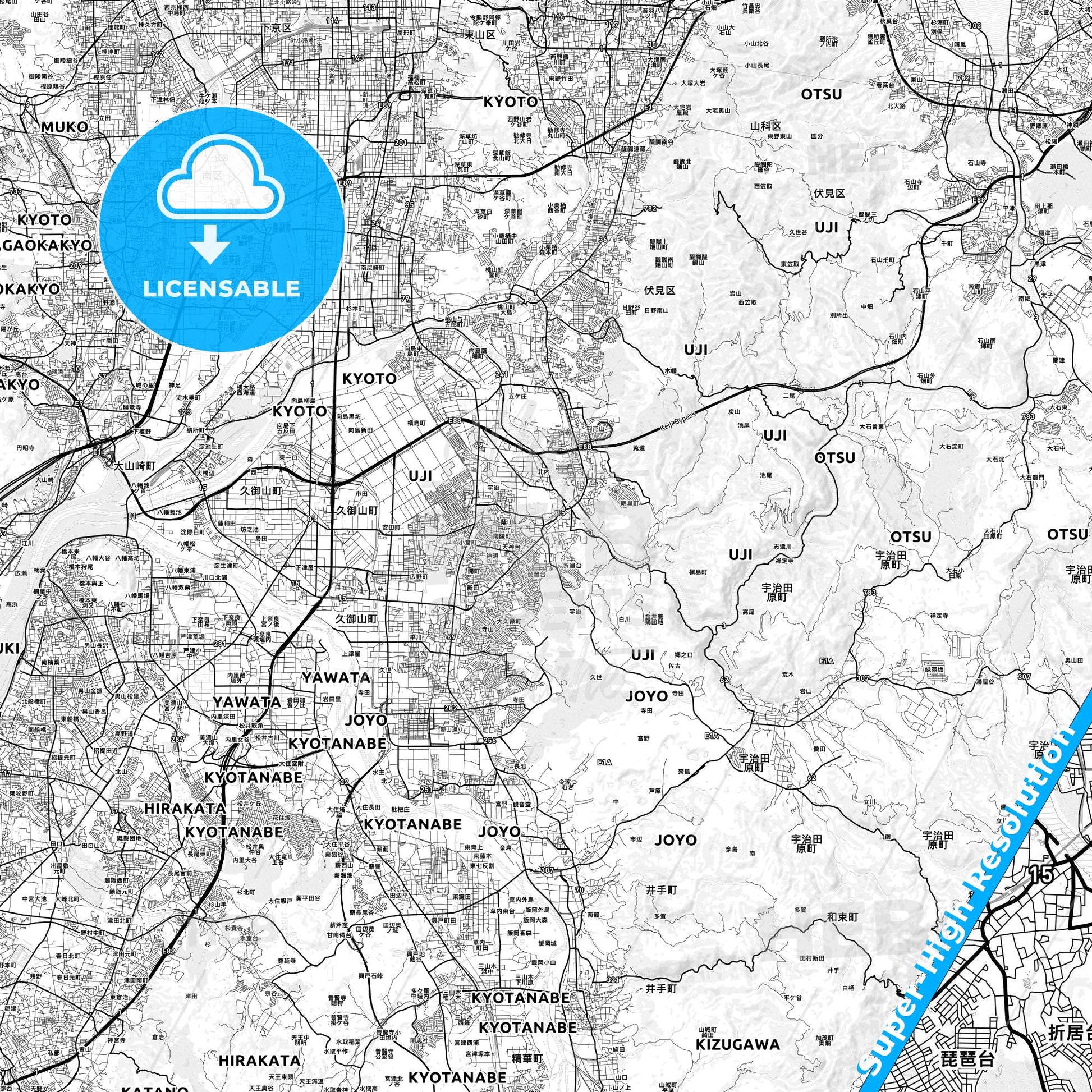 Uji, Japan light map with streetnames, citynames and districts