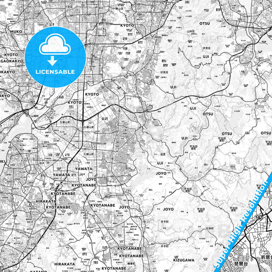 Uji, Japan light map with streetnames, citynames and districts