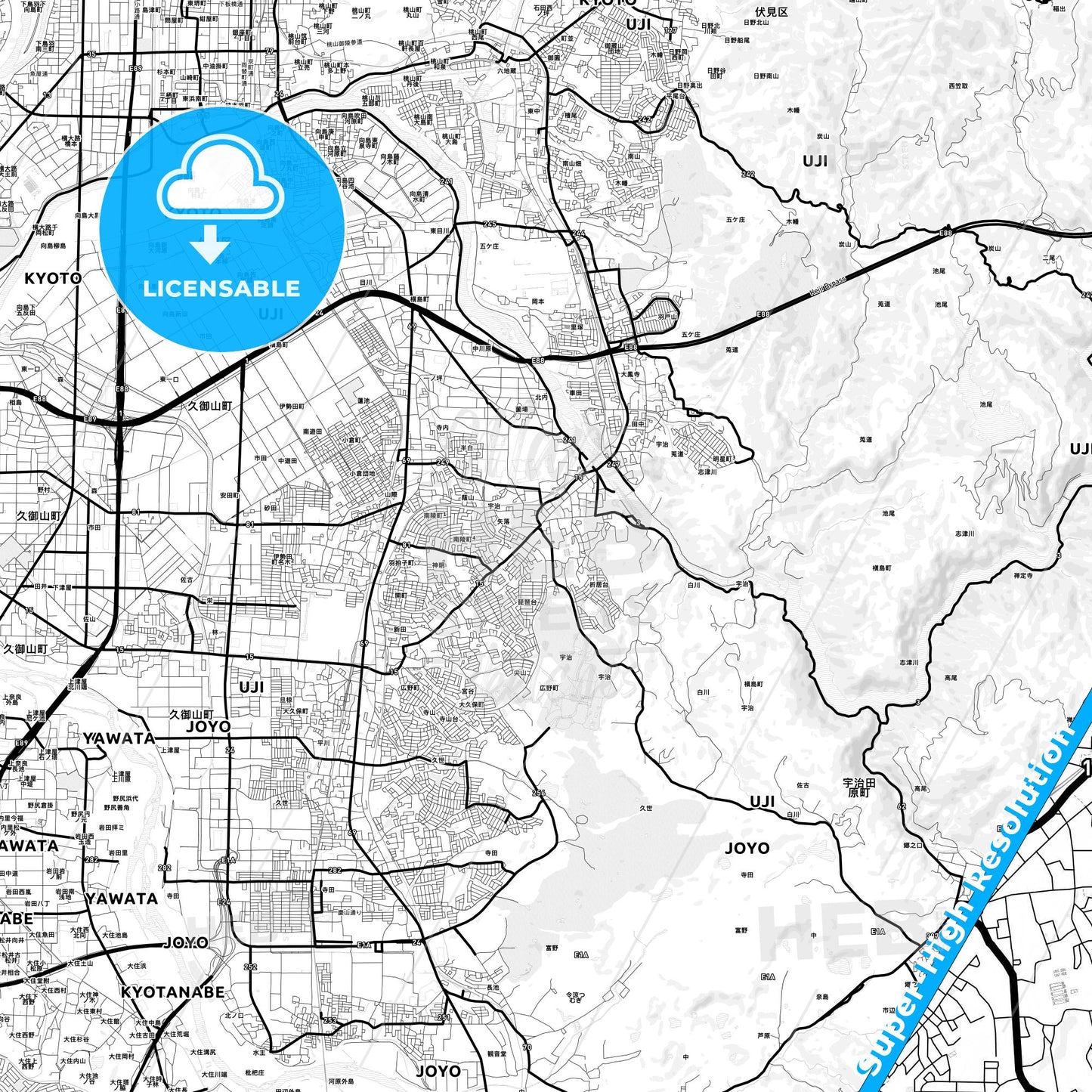 Uji, Japan Light Map with Street Names, City Names, and Districts