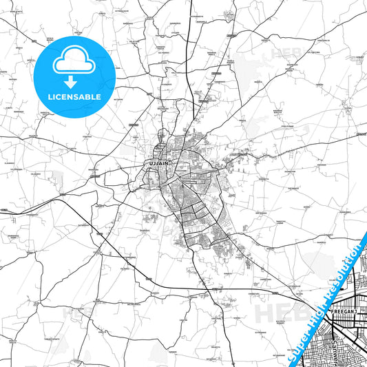 Ujjain, India light map with streetnames, citynames and districts
