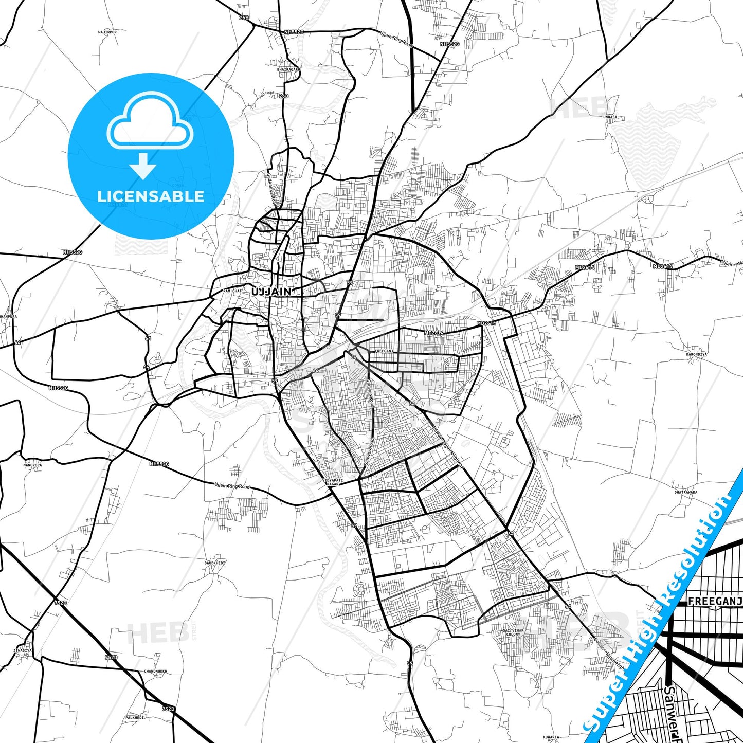 Ujjain, India Light Map with Street Names, City Names, and Districts