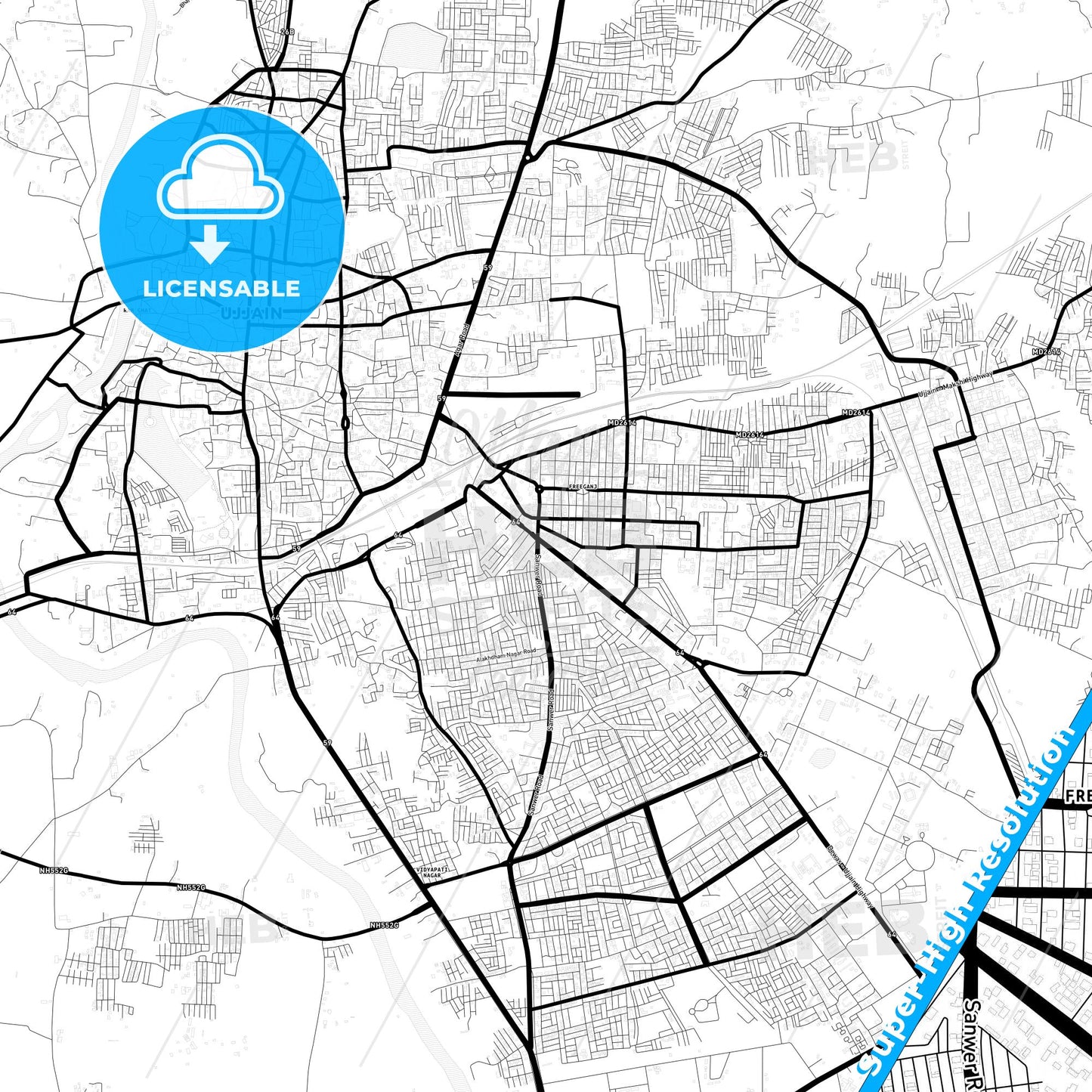 Ujjain, India Light Map with Street Names, City Names, and Districts
