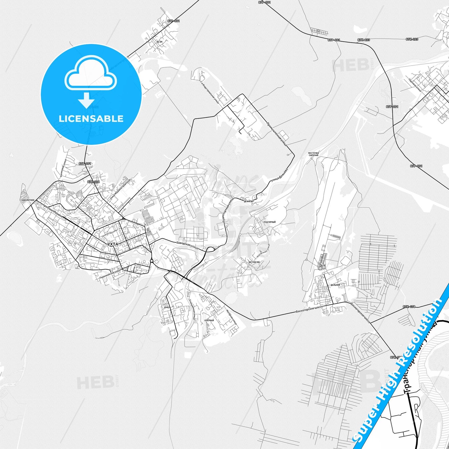 Ukhta, Russia light map with streetnames, citynames and districts