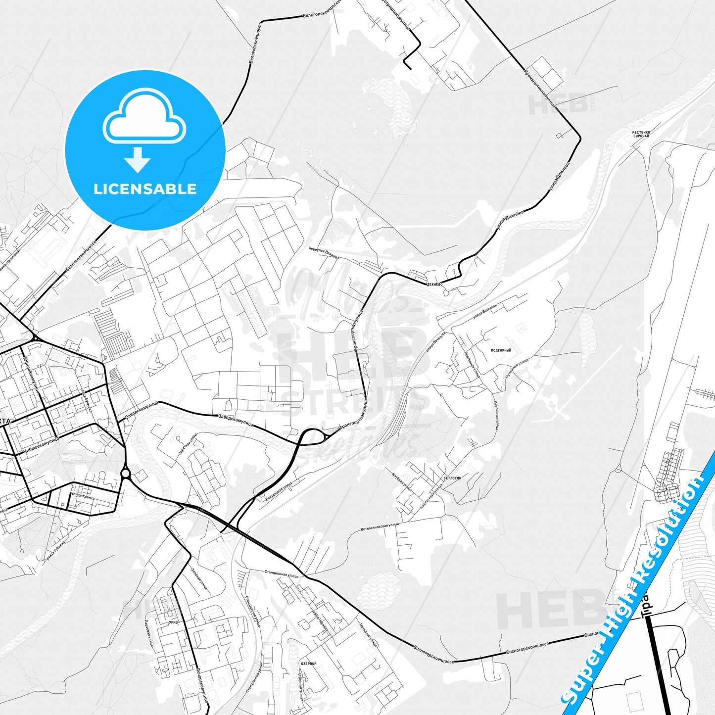Ukhta, Russia Light Map with Street Names, City Names, and Districts