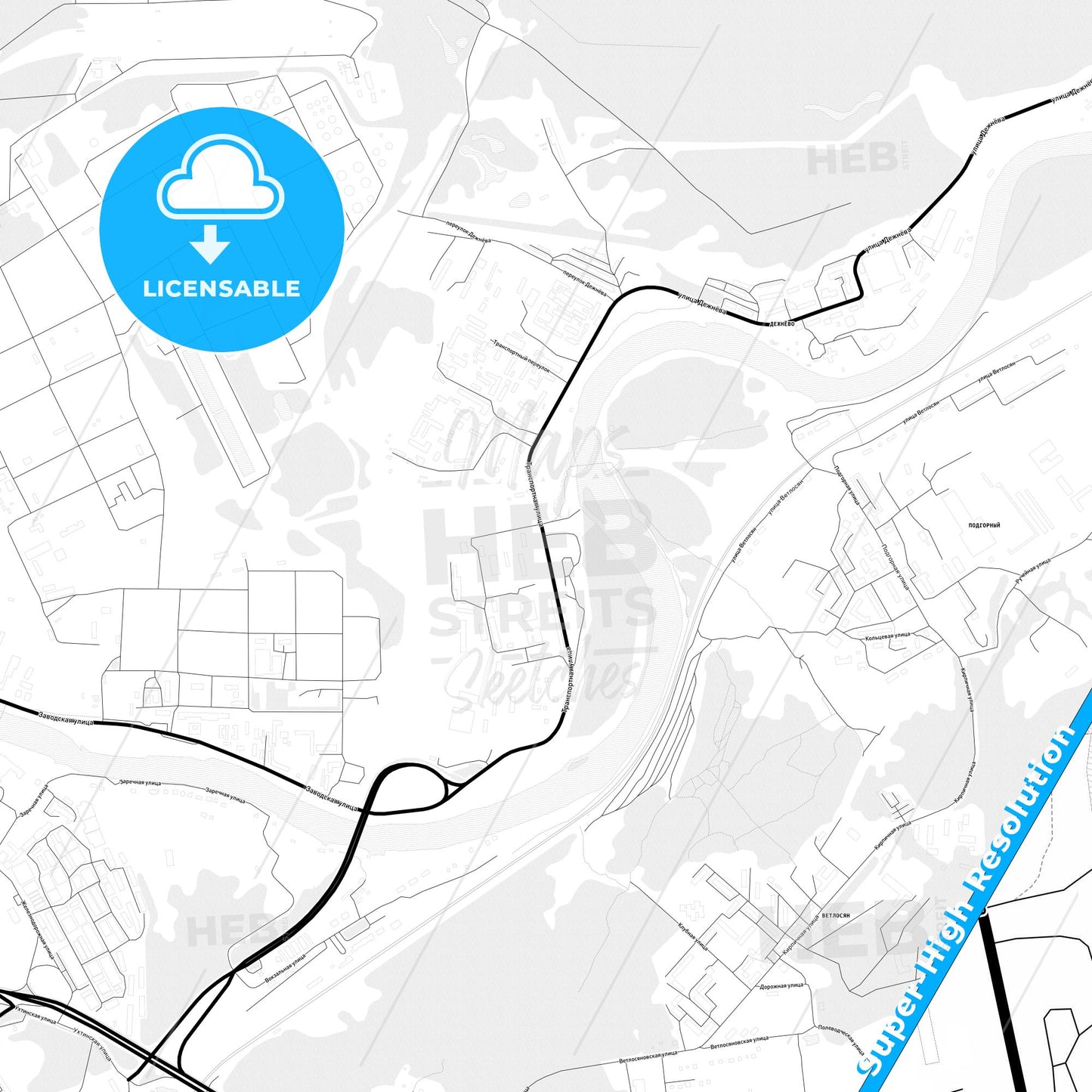 Ukhta, Russia Light Map with Street Names, City Names, and Districts