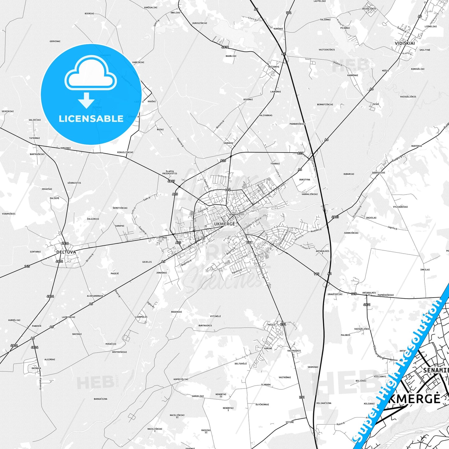 Ukmergė, Lithuania light map with streetnames, citynames and districts