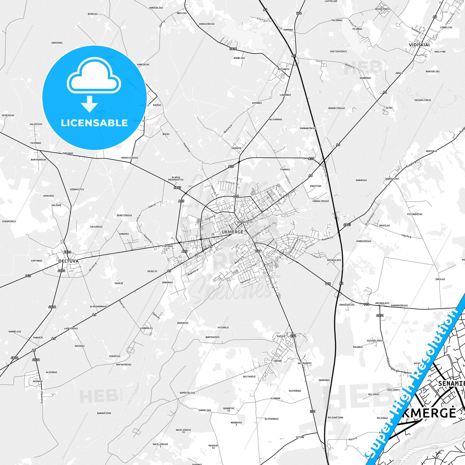 Ukmergė, Lithuania light map with streetnames, citynames and districts