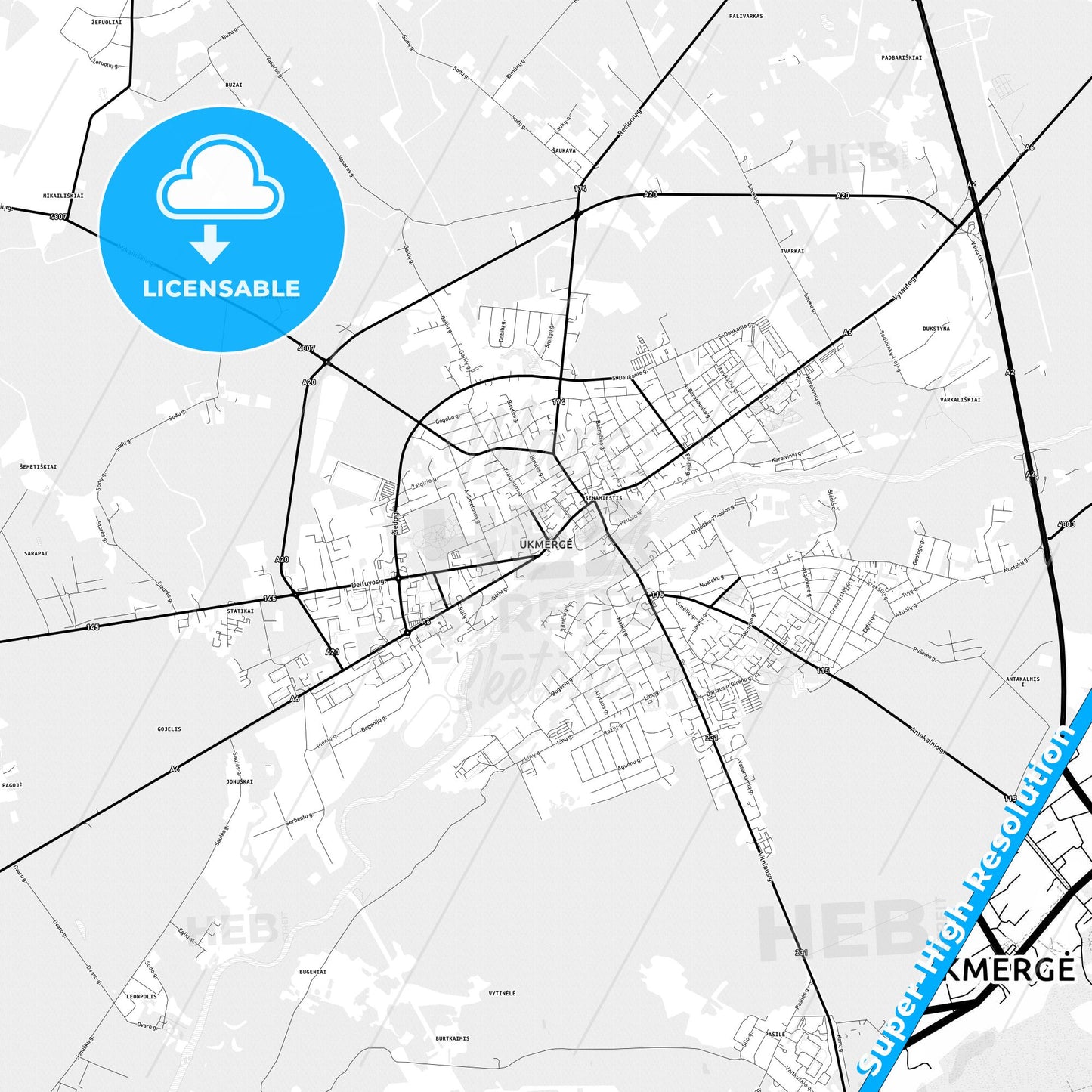 Ukmergė, Lithuania Light Map with Street Names, City Names, and Districts