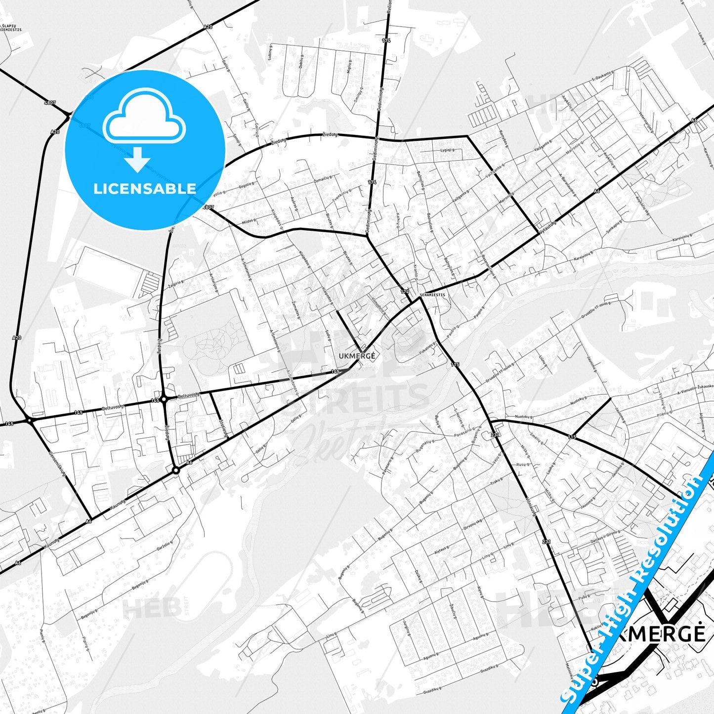 Ukmergė, Lithuania Light Map with Street Names, City Names, and Districts