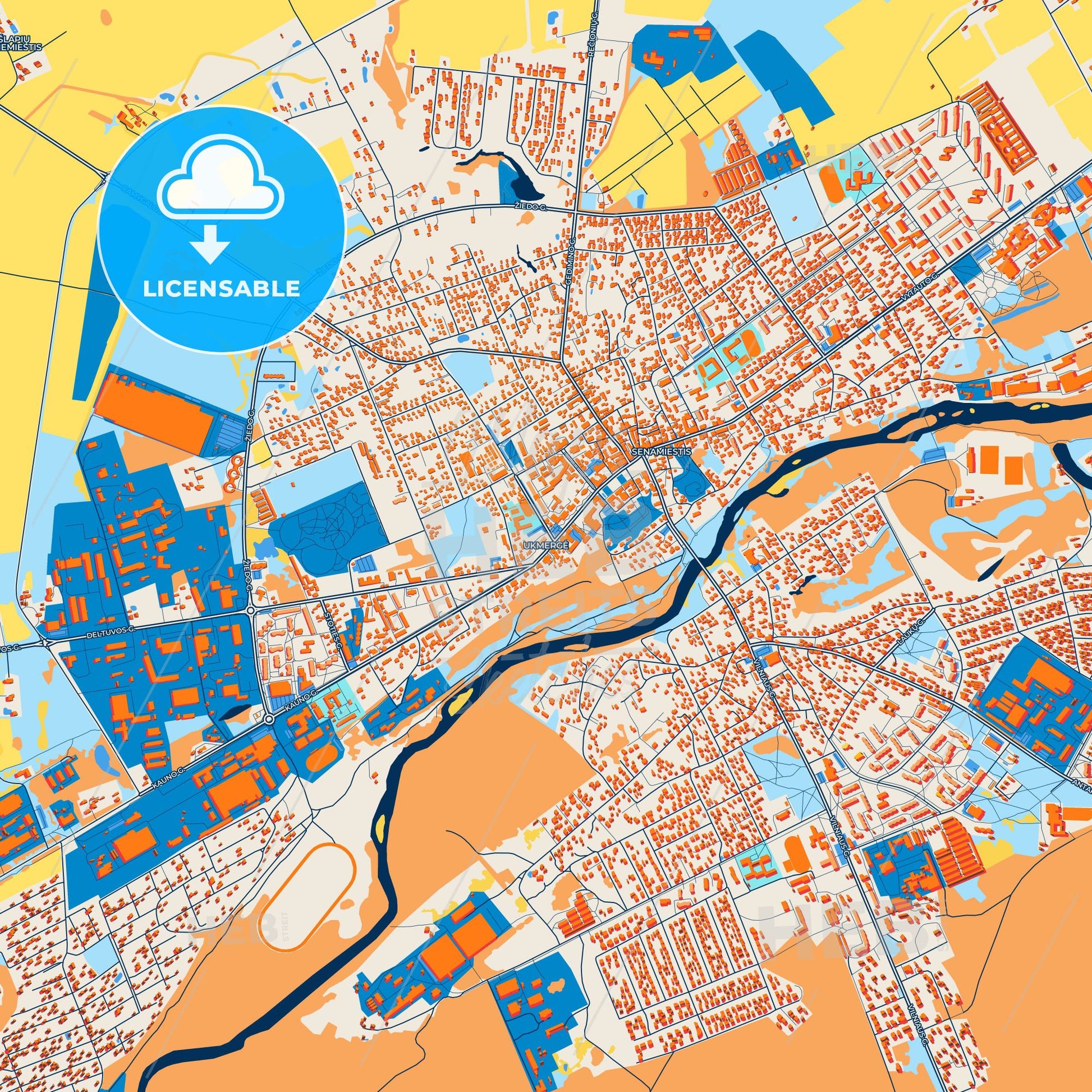 Colorful Ukmergė Street Map with Labels and Buildings