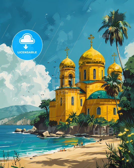 Artful Representation of Ukrainian Culture: Vibrant Building, Beach, and Palm Trees