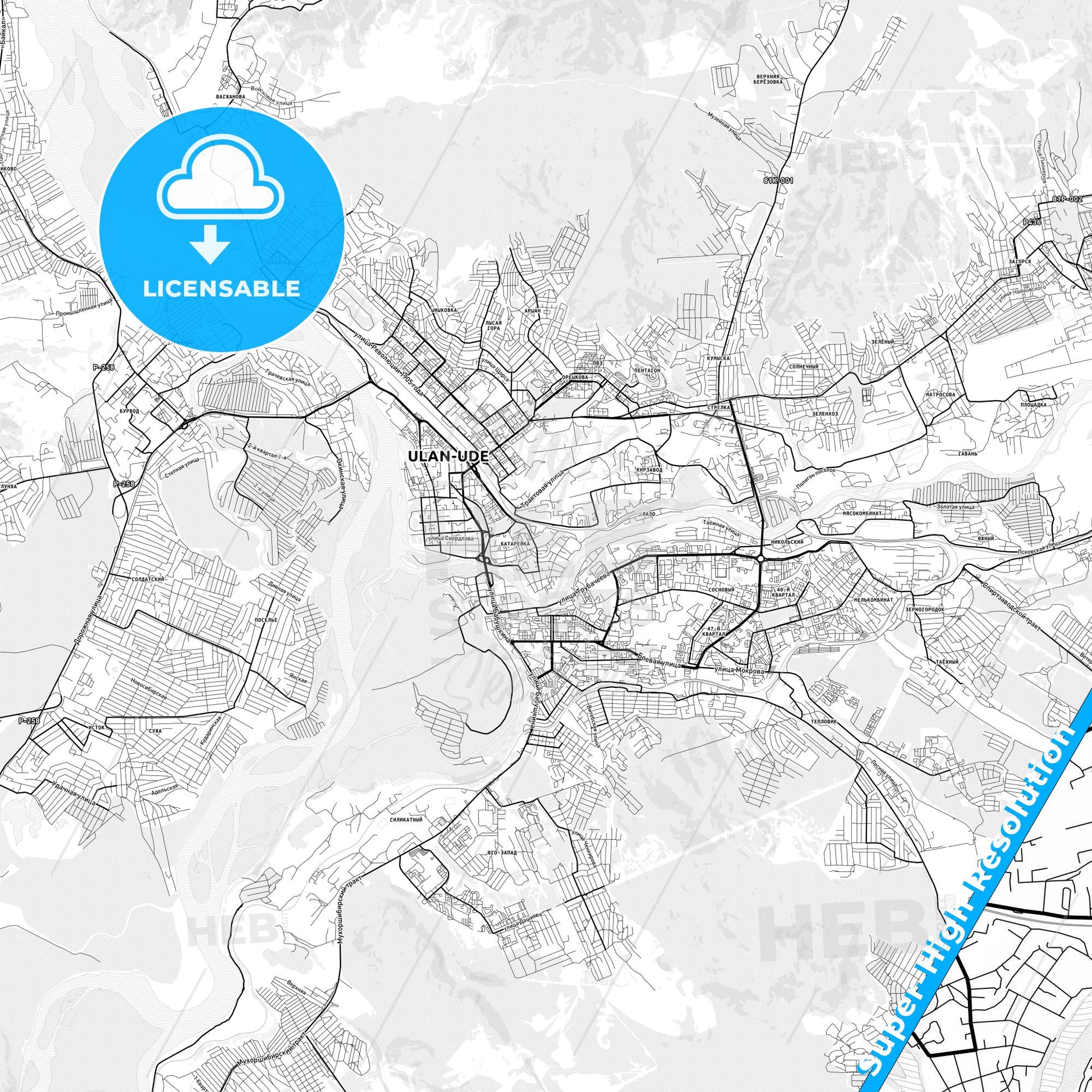 Ulan-Ude, Russia light map with streetnames, citynames and districts