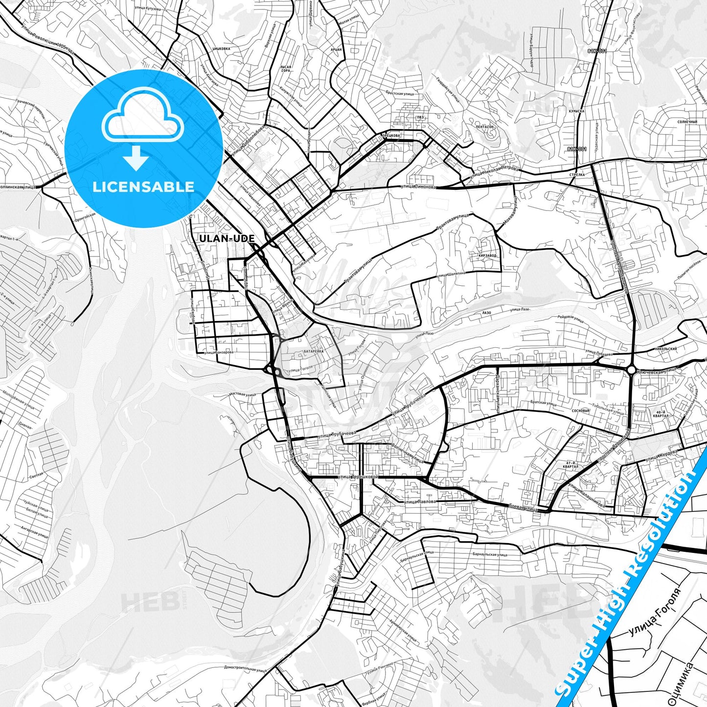 Ulan-Ude, Russia Light Map with Street Names, City Names, and Districts